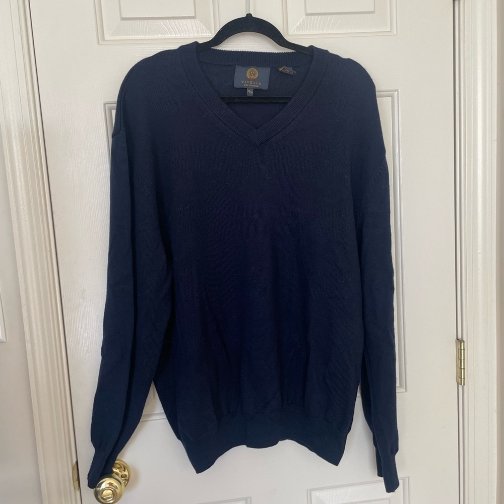 Viyella 100% Merino Wool Sweater Navy Blue V-Neck Pullover Classic Knit | XL